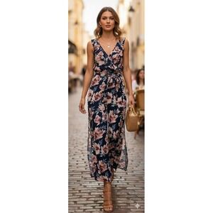 Aura Tropical Floral Jumpsuit Med V-neck Wide Leg Tie Belt Boho Chic Resort wear